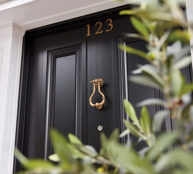 Black Door with 123 Number and Door Knocker